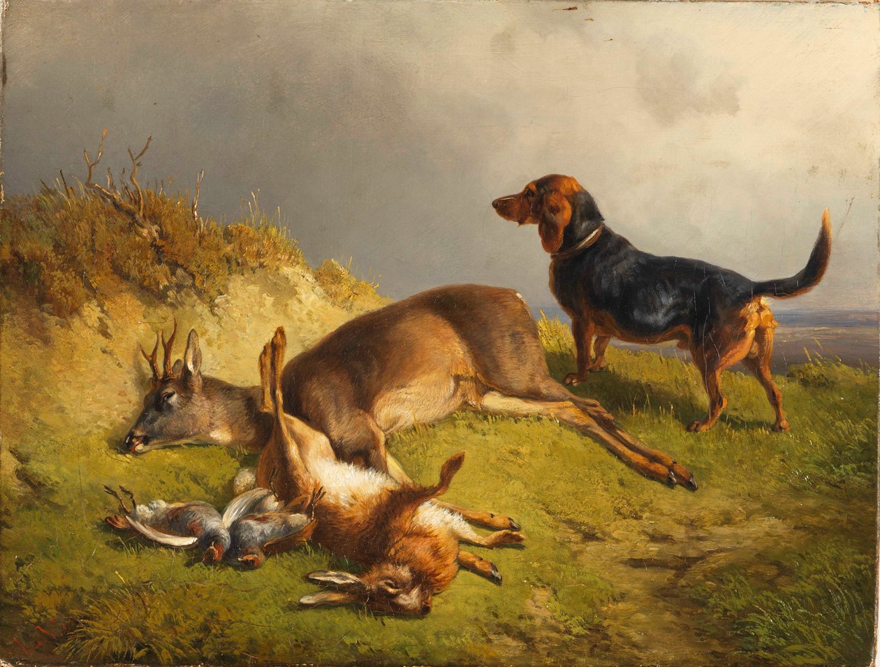 Dræbt vildt og jagthund af Ludwig Gustav Voltz