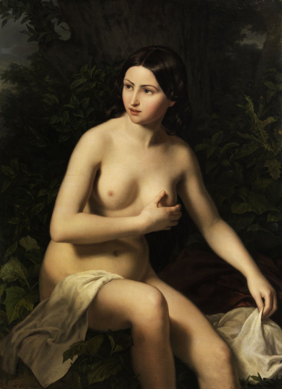 Siddende pige under badning af Ludwig Löffler
