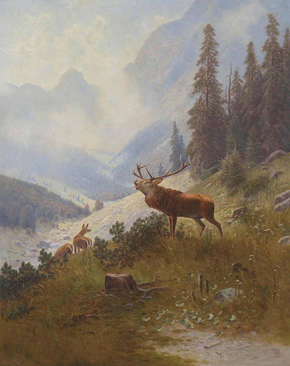 Brusende hjorte i bjergene af Ludwig Skell