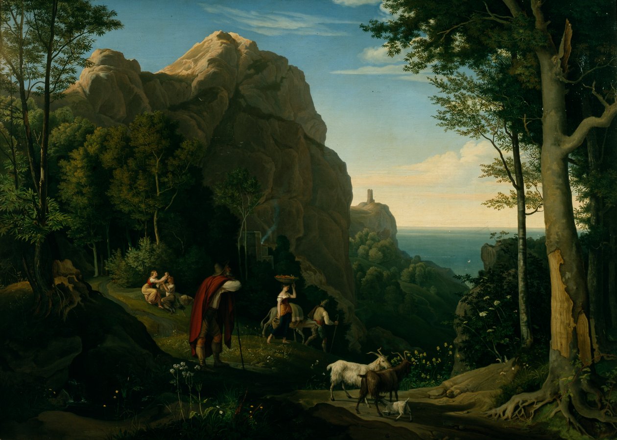 Valley ved Amalfi med udsigt over Salerno-bugten (olie på lærred) af Ludwig Adrian Richter