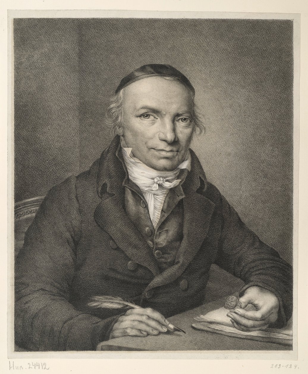Johann Joachim Bellermann, brystbillede ved et bord med en signetring i hånden af Ludwig Buchhorn