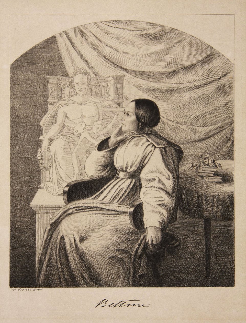 Portræt af forfatteren Bettine von Arnim 1785-1859, født Brentano, 1838. af Ludwig Emil Grimm