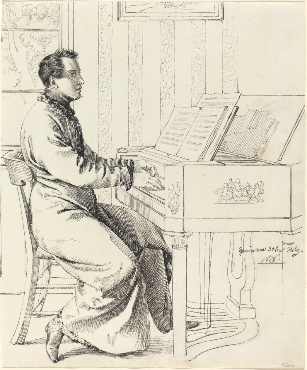 Kunstnerens svoger, Ludwig Hassenpflug, forbereder sig på at spille klaver af Ludwig Emil Grimm