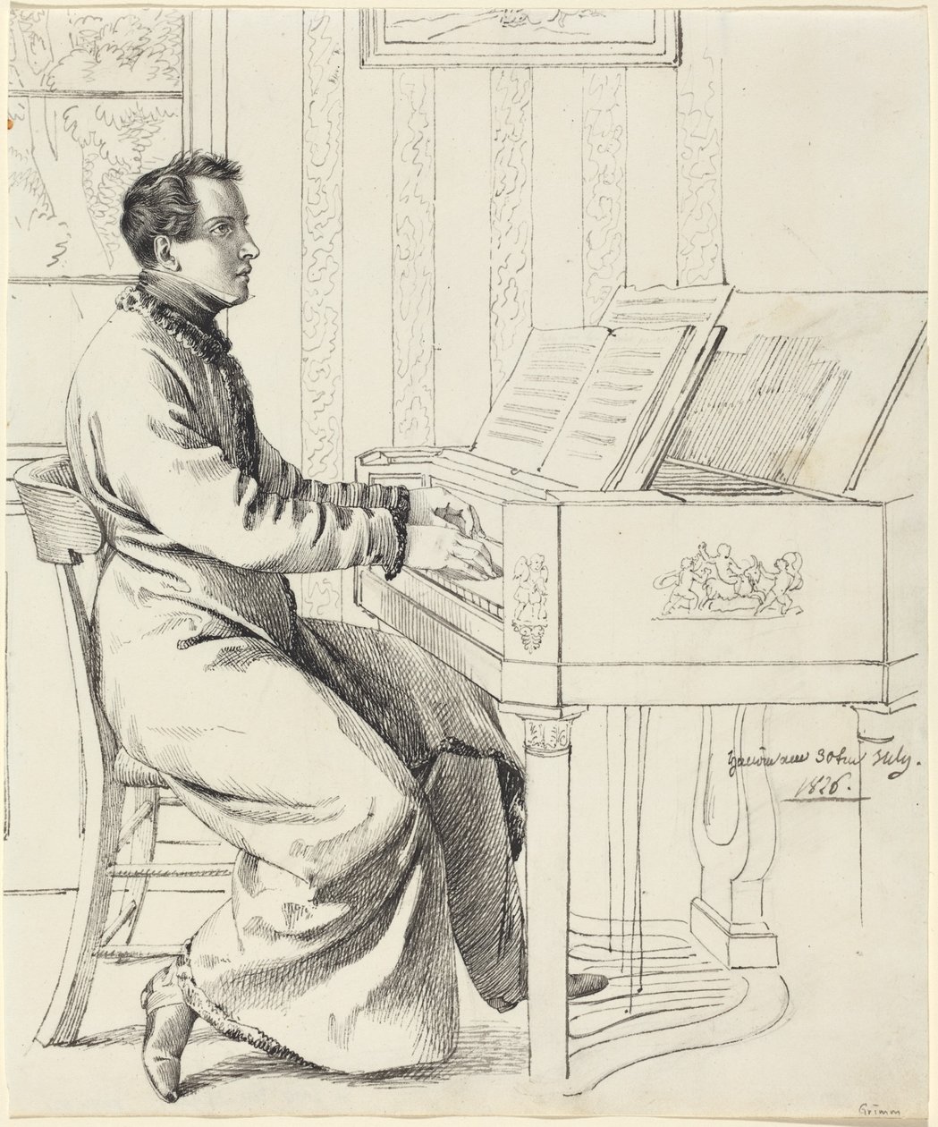 Kunstnerens svoger, Ludwig Hassenpflug, gør sig klar til at spille klaver af Ludwig Emil Grimm