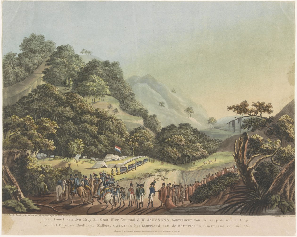 Møde mellem generalguvernør Janssens og Xhosa-lederen Gaika, 1803 Møde i Højudg. Gestr. Sir General J.W. Janssens. Guvernør for Kap det Gode Håb, med kafferernes øverste chef. Gaika, i Kaffirland, på Katri af Ludwig Gottlieb Portman