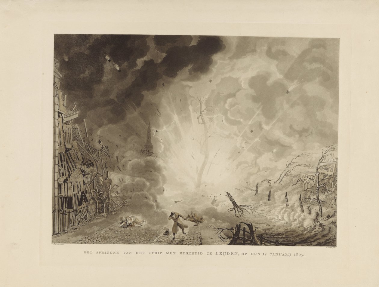 Katastrofen i Leiden, 1807 Springer skibet med krudt ved Leijden den 12. januar 1807 (titel på objekt) af Ludwig Gottlieb Portman