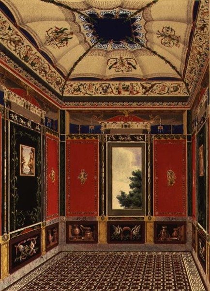 Det pompejanske værelse malet af Augustine Aglio (1777-1857) fra "The Decorations of the Garden Pavilion in the Grounds of Buckingham Palace" (Udsmykningen af havepavillonen i Buckingham Palace) af Ludwig Gruner