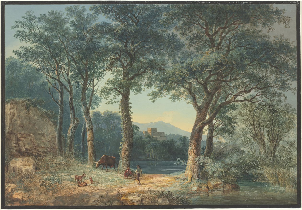 En skovklædt søside med en italiensk villa af Ludwig Hess