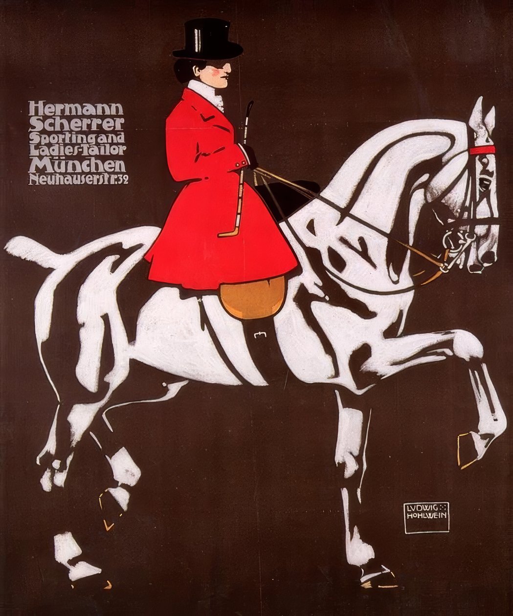 Dame til hest i ridedragt, som båret til rævejagt i England af Ludwig Hohlwein