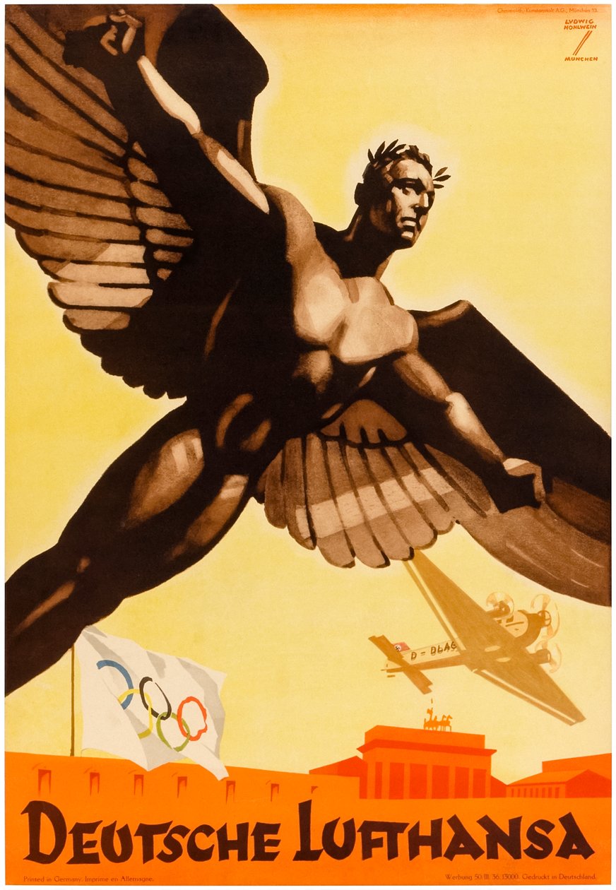 Deutsche Lufthansa, plakat for tyske flyselskaber, der promoverer de olympiske lege i 1936 i Nazityskland (plakat) af Ludwig Hohlwein