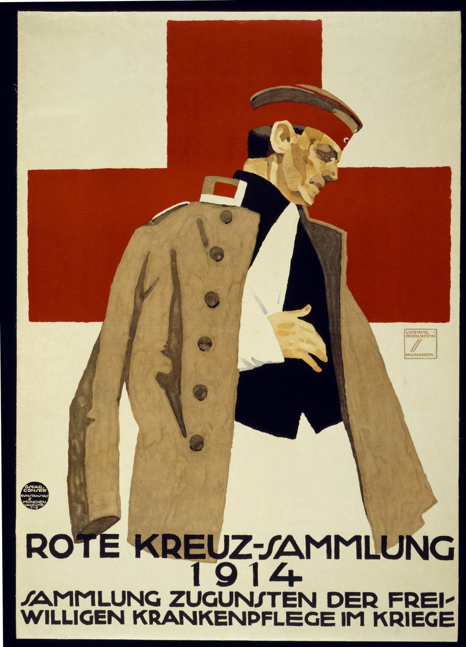 Indsamlingskampagne for Tysk Røde Kors, pub. 1914 (farve litho) af Ludwig Hohlwein