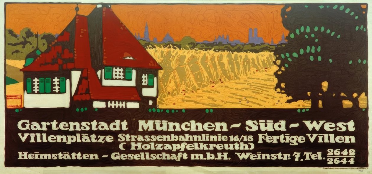 Haveby München-Syd-Vest / Villapladser / Sporvognslinje 16/18 / Færdige villaer (Holzapfelkreuth) / Heimstätten-Gesellschaft m af Ludwig Hohlwein