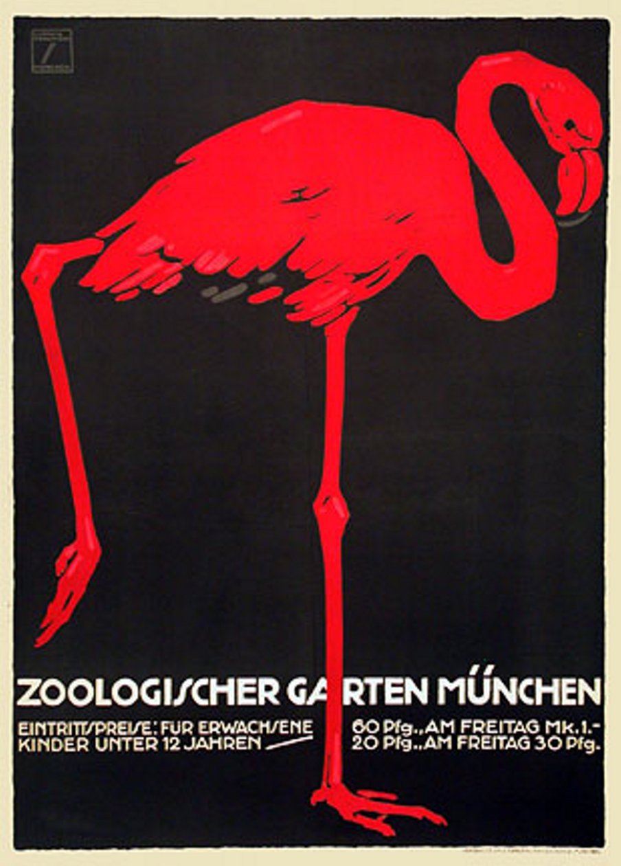 Zoo plakat med en rød flamingo af Ludwig Hohlwein