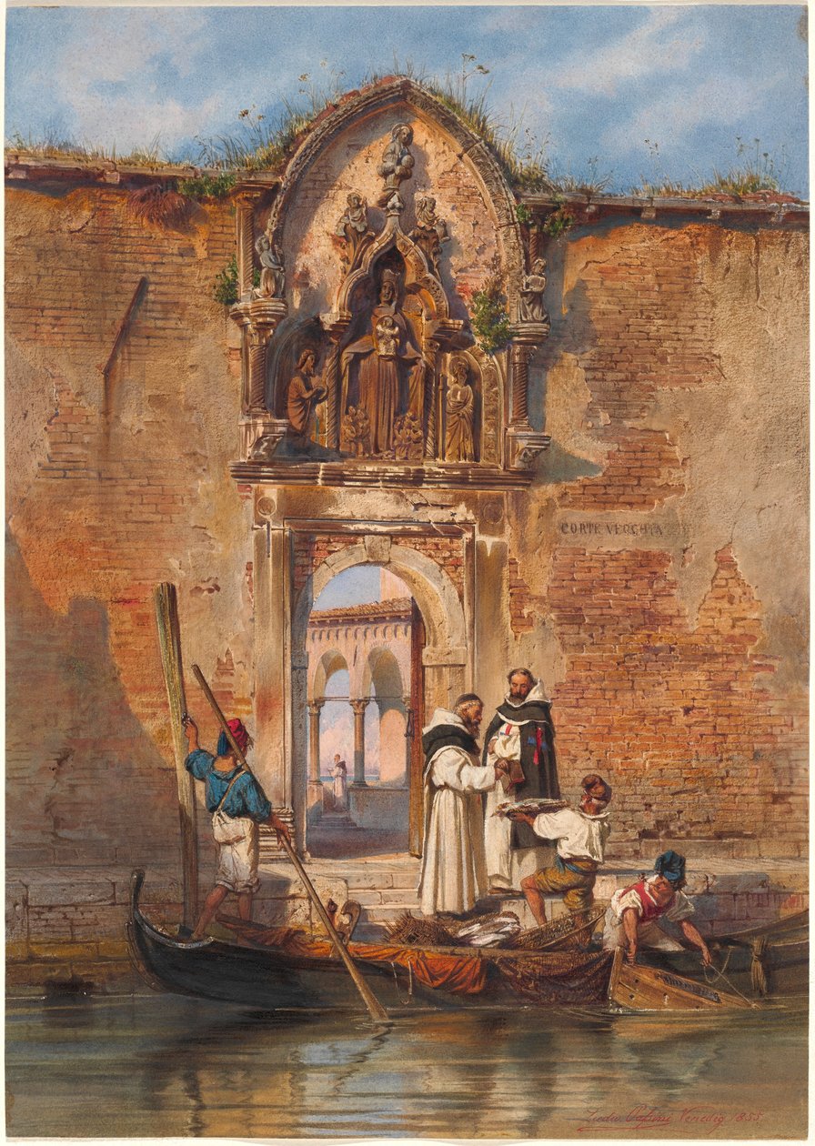 Munke køber fisk før portalen til Madonna della Misericordia af Ludwig Johann Passini