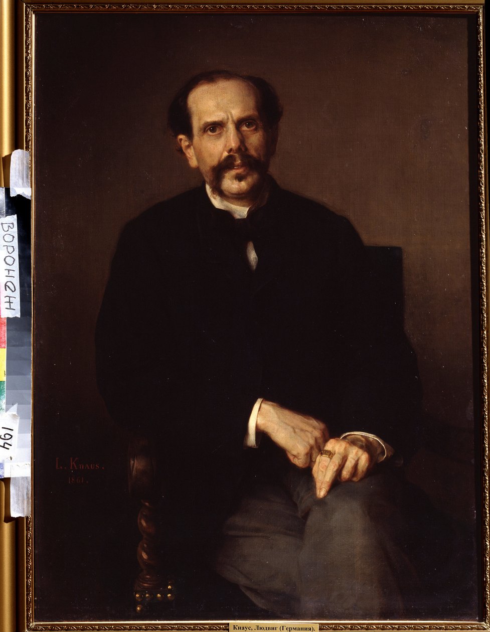 ""Portræt af en mand"" Han er klædt i et sort jakkesæt, et ridderskab på fingeren. Maleri af Ludwig Knaus (1829-1910) Ivan Kramskoy (eller Kramskoi) Fine Arts Museum i Voronezh (Voronezh), Rusland. af Ludwig Knaus