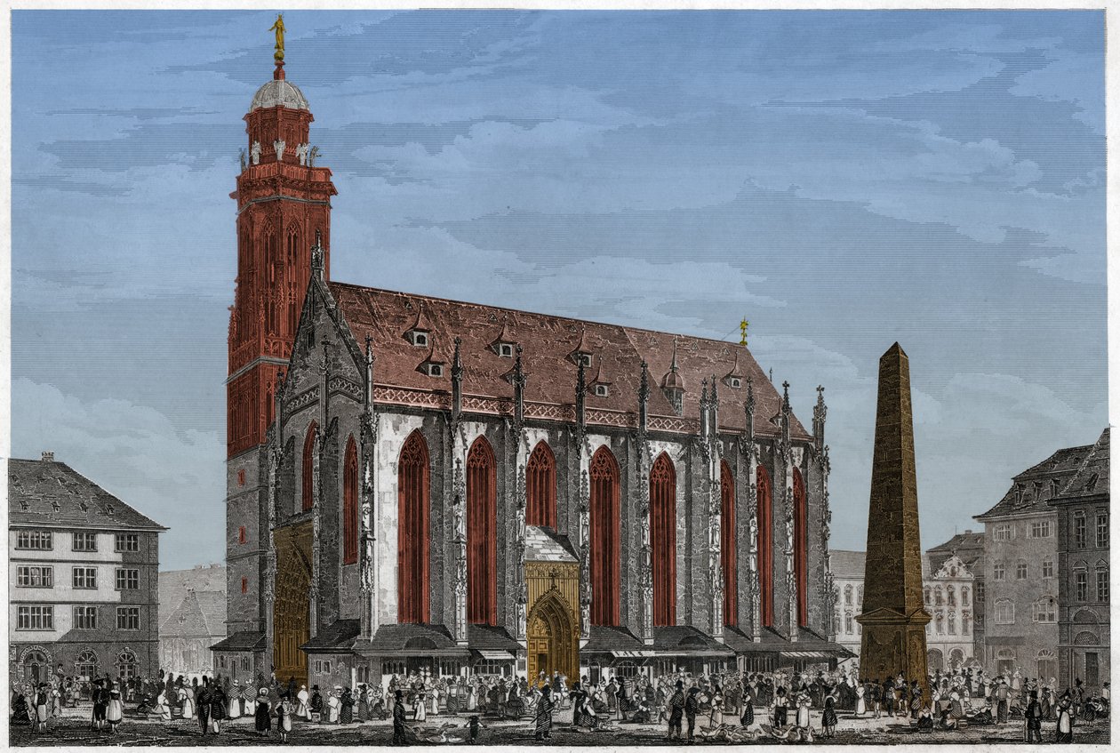 St. Mary Kapel i Würzburg, foran Marche-pladsen og Obelisken, Tyskland. ca 1850 (gravering) af Ludwig Lange
