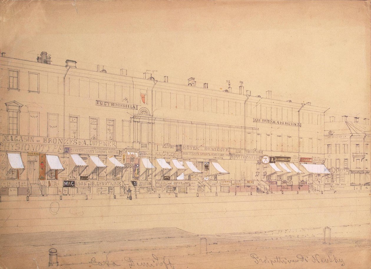 Demidov Hotel ved Nevsky Prospekt i St. Petersborg, midten af det 19. århundrede af Ludwig Premazzi