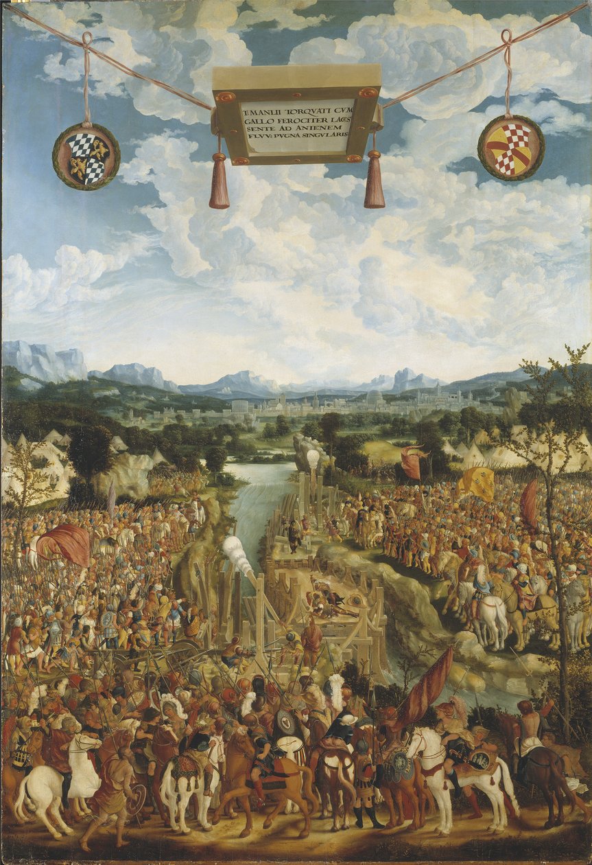 Titus Manlius Imperiosus Torquatus (4eme siecle avant JC) combat un gaulois - Manlius Torquatus Fighting a Gallien, af Refinger, Ludwig (ca. 1510-1549). Olie på træ. Mål: 160x109 cm. Stockholms nationalmuseum af Ludwig Refinger