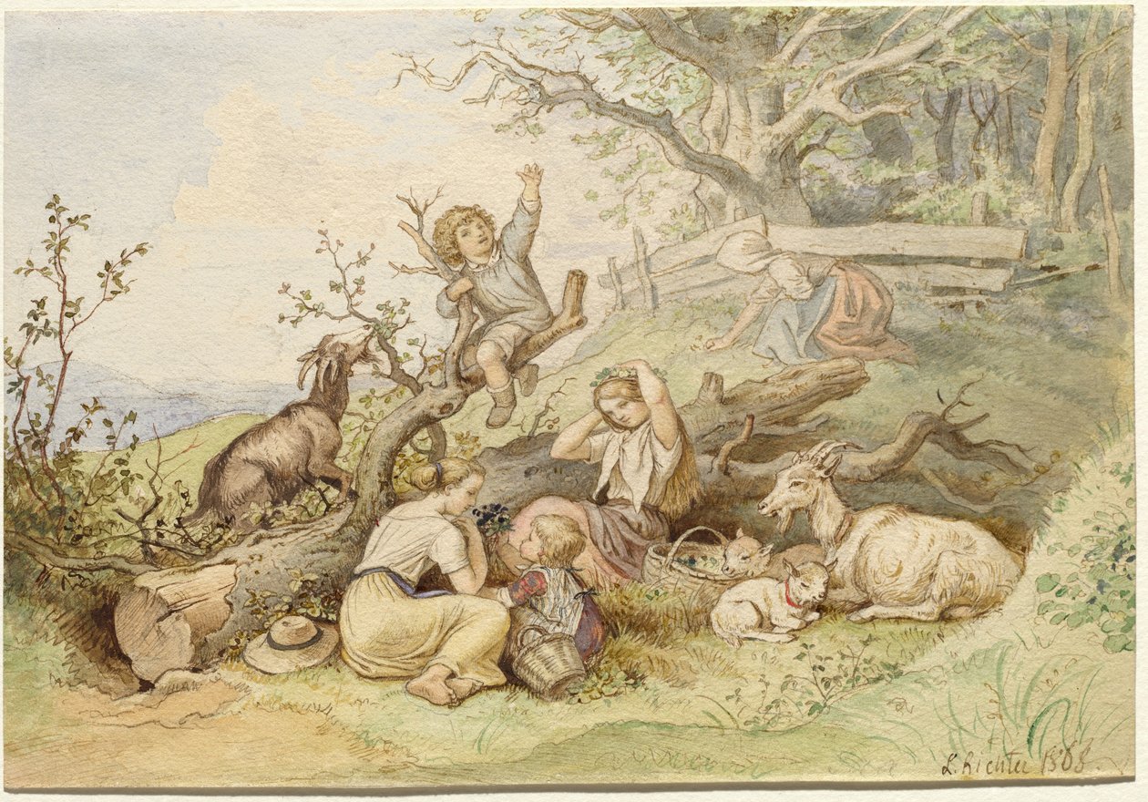 Børn og geder hviler ved et fældet træ af Ludwig Richter