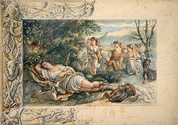 Sovende Diana med ledsagere (akvarel over grafit på papir) af Ludwig Sigismund Ruhl