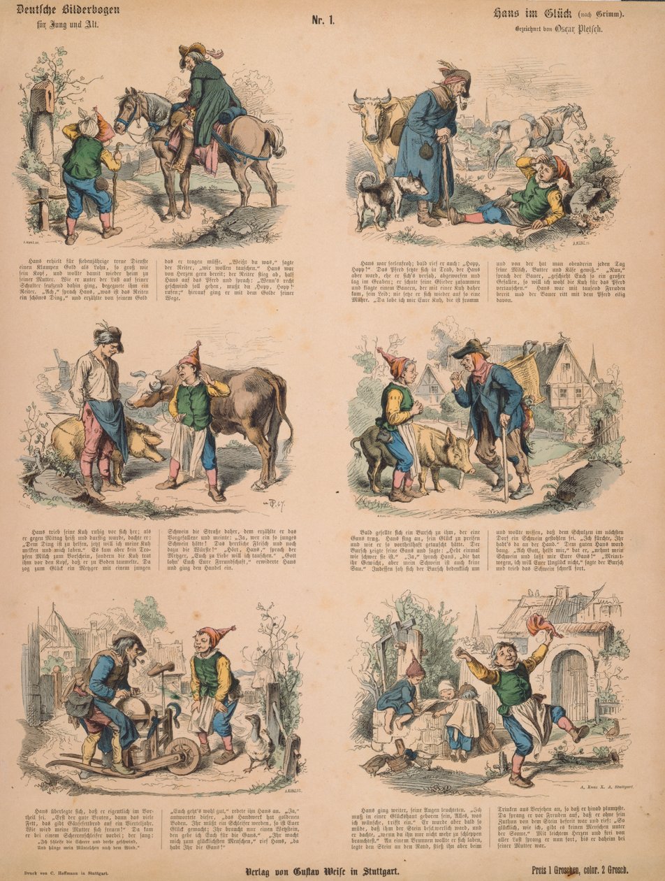 Hans in Luck (efter brødrene Grimm), nr.213 fra Muenchener Bilderbogen udgivet af Braun & Schneider, München, 1880 af Ludwig Voltz