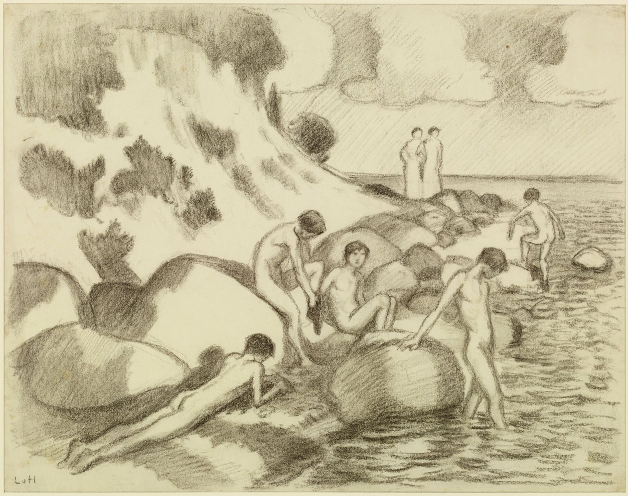 Drenge, der bader på stranden, med to kvinder i baggrunden af Ludwig von Hofmann