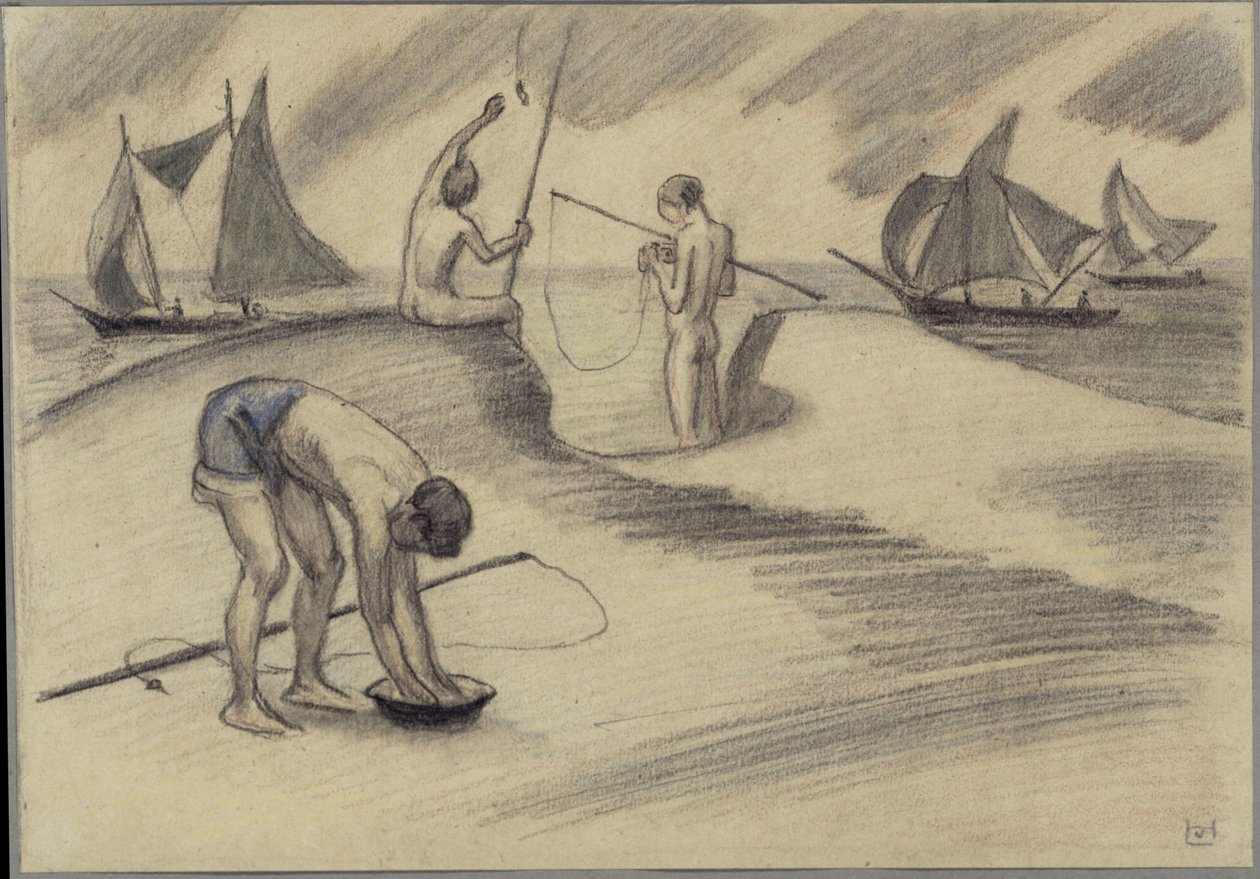 Tre fiskende drenge ved havet med sejlskibe af Ludwig von Hofmann