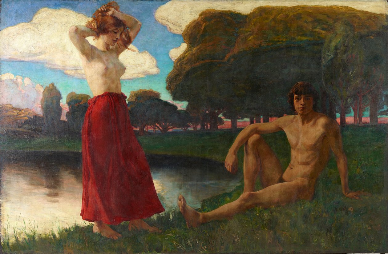 Idyll (Hand og kvinde halvnøgen i landskabet) af Ludwig von Hofmann