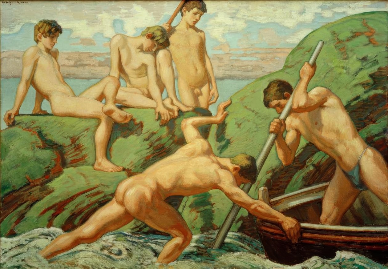 Nøgne bådsmænd (fiskere) og drenge på den grønne kyst af Ludwig von Hofmann