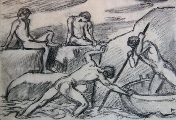 Nøgen bådsmand og unge mennesker på en grøn strand (grafit på papir) af Ludwig von Hofmann