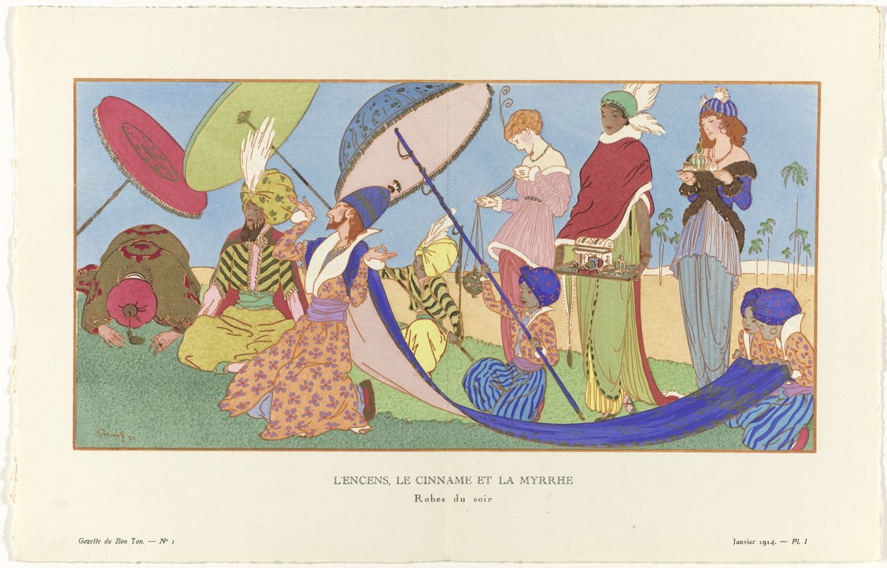 Gazette du Bon Ton, 1914 - nr. 1, Pl. I: Røgelse, Cinname og Myrra / aftenkjoler. (titel på objekt) af Ludwik Strimpl