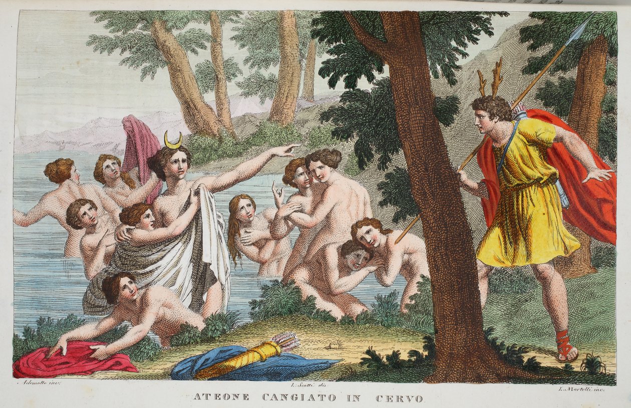 Actaeon til en hjort eller Ateone Cangiato in Cervo, illustration fra Ovids Metamorfoser, Firenze, 1832 (håndkoloreret stik) af Luigi Ademollo