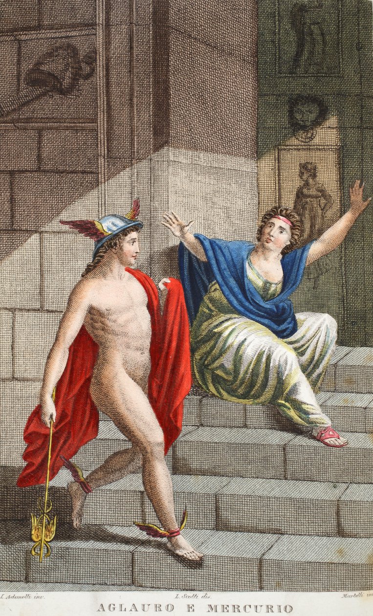 Aglauros og Merkur eller Aglauro e Mercurio, illustration fra Ovids Metamorfoser, Firenze, 1832 (håndkoloreret stik) af Luigi Ademollo