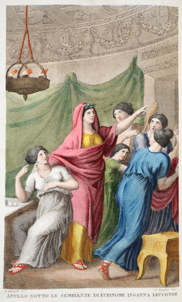 Apollos forklædning eller Apollo sotte le Sembianze di Eukinome Inganna Leucotto, bog IV, illustration fra Ovids Metamorfoser, Firenze, 1832 (håndkoloreret stik) af Luigi Ademollo