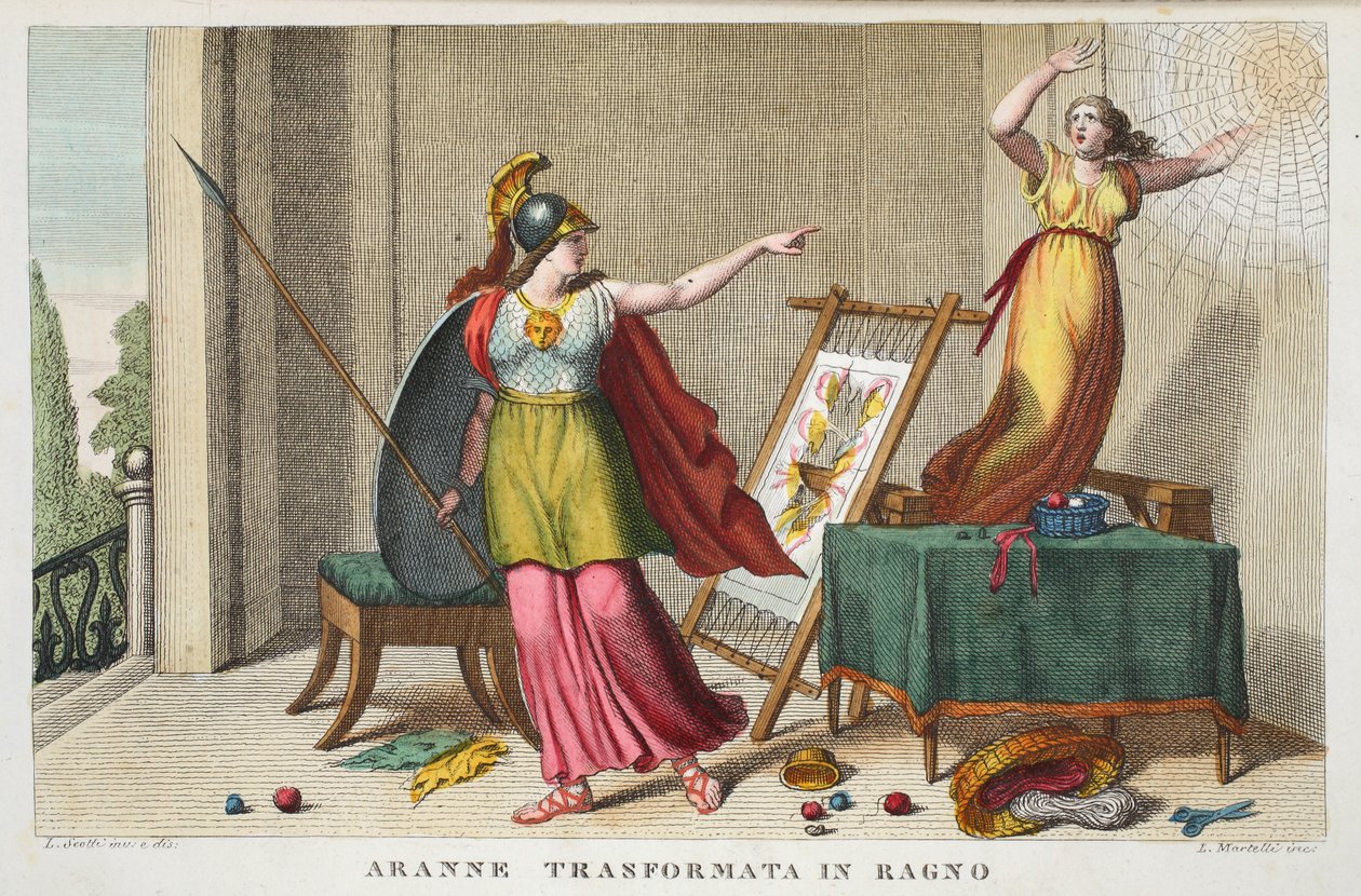 Arachne into a Spider eller Aranne Trasformata i Ragno, Bog VI, illustration fra Ovids Metamorphoses, Firenze, 1832 (håndkoloreret gravering) af Luigi Ademollo