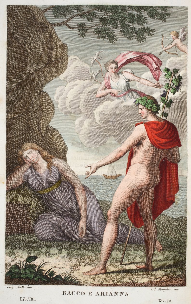 Bacchus og Ariadne eller Bacco e Arianna, Bog VIII, illustration fra Ovids Metamorphoses, Firenze, 1832 (håndkoloreret gravering) af Luigi Ademollo