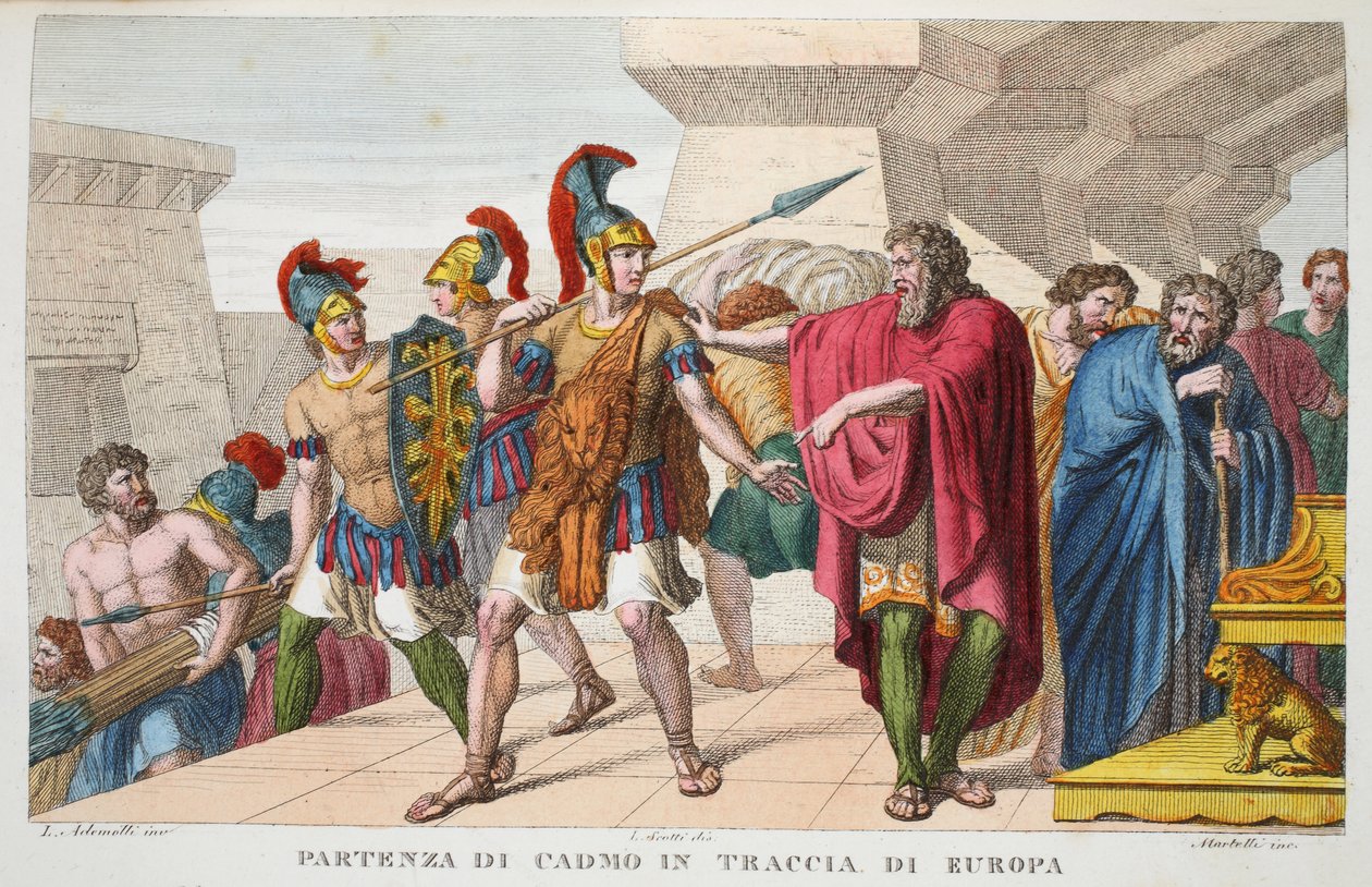 Cadmus sætter ud eller Partenza de Cadmo i Traccia di Europa, bog III, illustration fra Ovids Metamorphoses, Firenze, 1832 (håndkoloreret gravering) af Luigi Ademollo