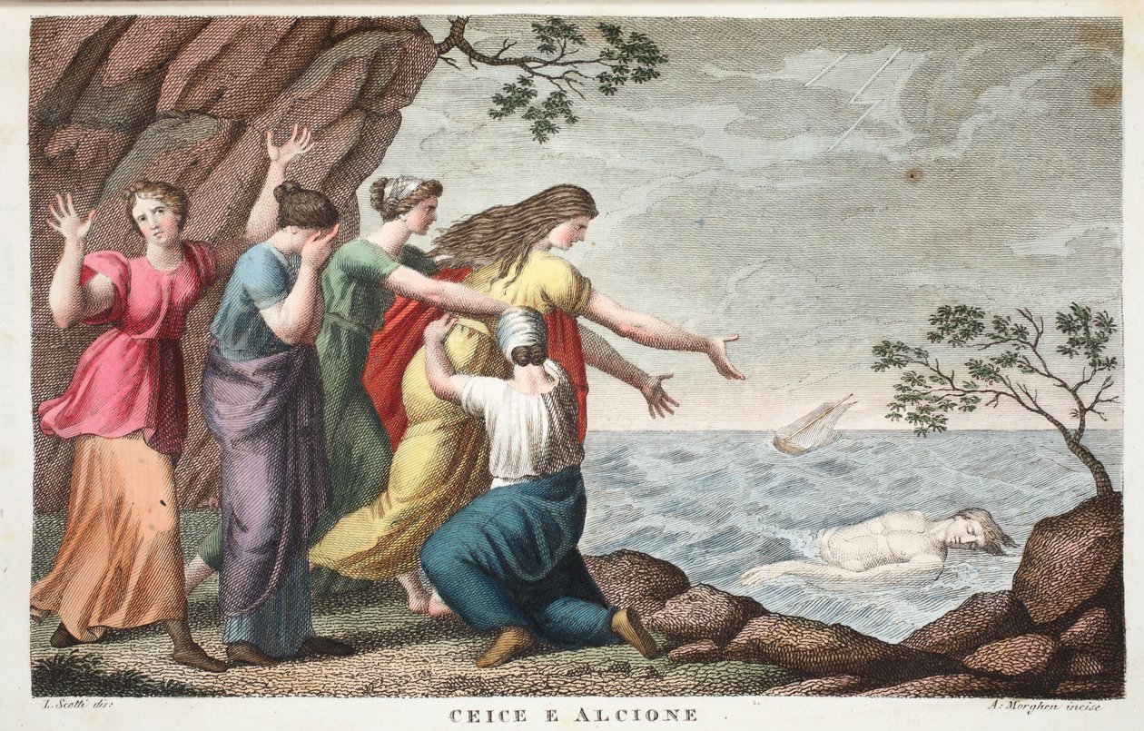 Ceyx og Alcyone eller Ceice e Alcione, Bog XI, illustration fra Ovids Metamorphoses, Firenze, 1832 (håndkoloreret gravering) af Luigi Ademollo