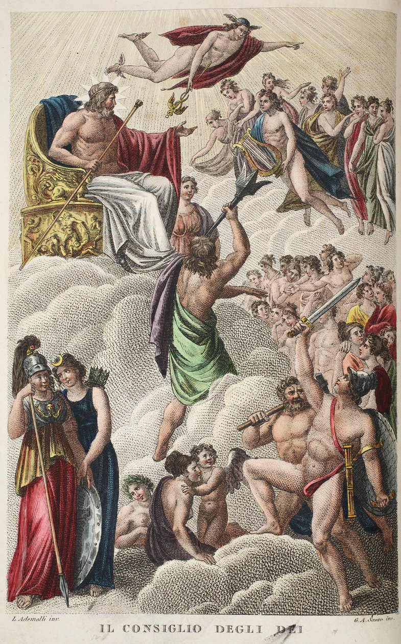 Gudernes Råd eller Il Consiglio Degli Dei, Bog I, illustration fra Ovids Metamorphoses, Firenze, 1832 (håndkoloreret gravering) af Luigi Ademollo