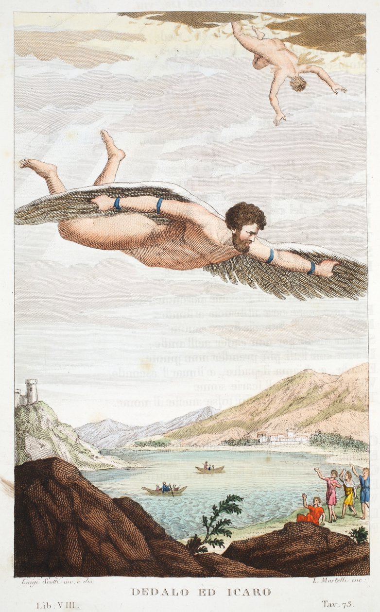 Daedalus and Icarus eller Dedalo ed Icaro, Bog VIII, illustration fra Ovids Metamorphoses, Firenze, 1832 (håndkoloreret gravering) af Luigi Ademollo