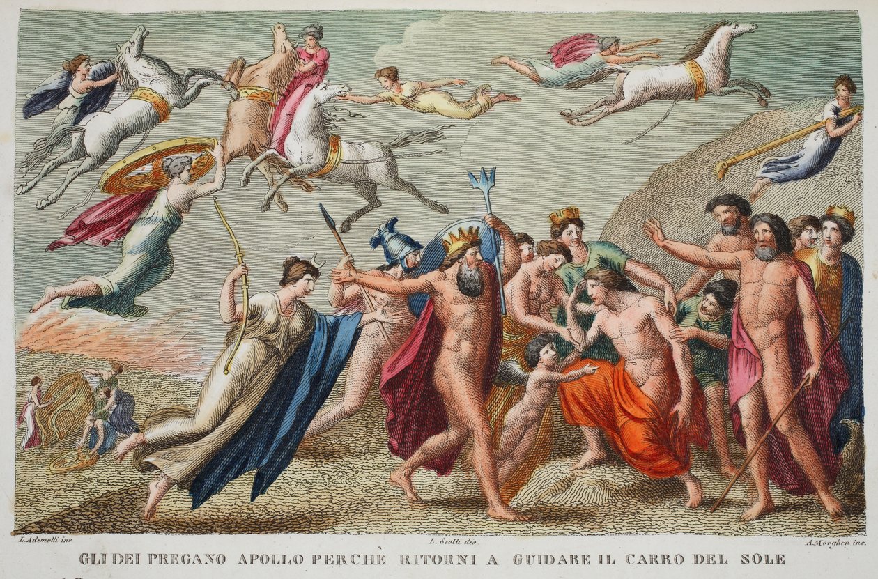 Utilfreds Apollo nægter at køre eller Gli Dei Oregano Apollo Perche vender tilbage for at køre solens vogn, illustration fra Ovids Metamorphoses, Firenze, 1832 (håndfarvet gravering) af Luigi Ademollo
