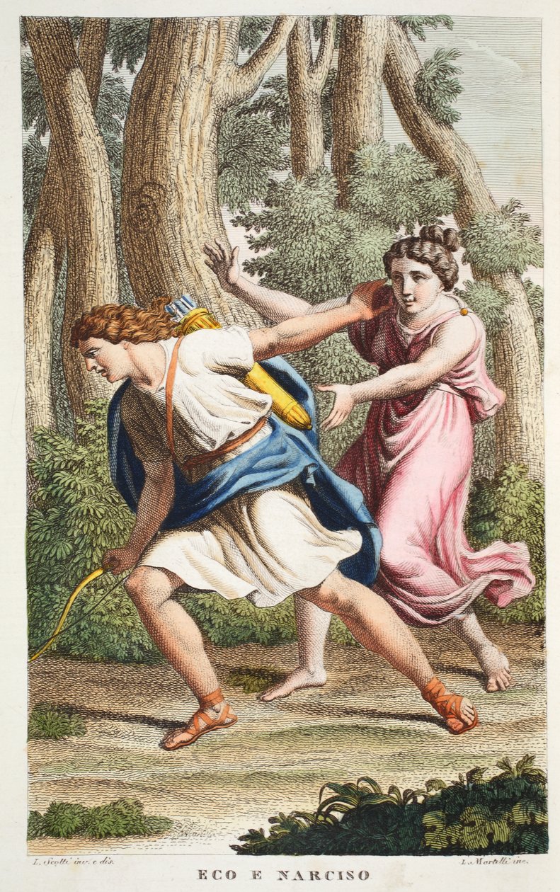 Echo and Narcissus or Eco e Narciso, Bog III, illustration fra Ovids Metamorphoses, Firenze, 1832 (håndkoloreret gravering) af Luigi Ademollo