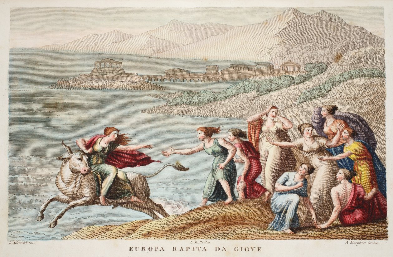 Europa eller Europa Rapita da Giove, illustration fra Ovids Metamorfoser, Firenze, 1832 (håndkoloreret gravering) af Luigi Ademollo