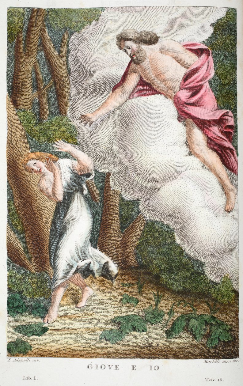 Jove in love with Io eller Giove e Io, Bog I, illustration fra Ovids Metamorphoses, Firenze, 1832 (håndkoloreret gravering) af Luigi Ademollo