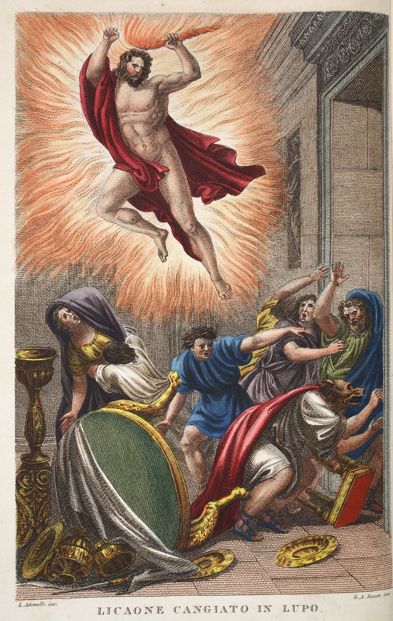 Lycaon into a Wolf eller Licaone Cangiato in Lupo, illustration fra Ovids Metamorphoses, Firenze, 1832 (håndfarvet gravering) af Luigi Ademollo