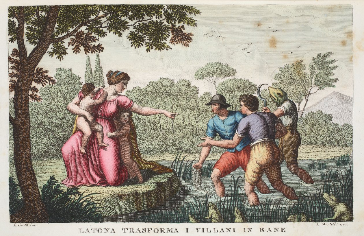 Lycian Rustics into Frogs or Latona transforma I Villani in Rane, Bog VI, illustration fra Ovids Metamorphoses, Firenze, 1832 (håndkoloreret stik) af Luigi Ademollo