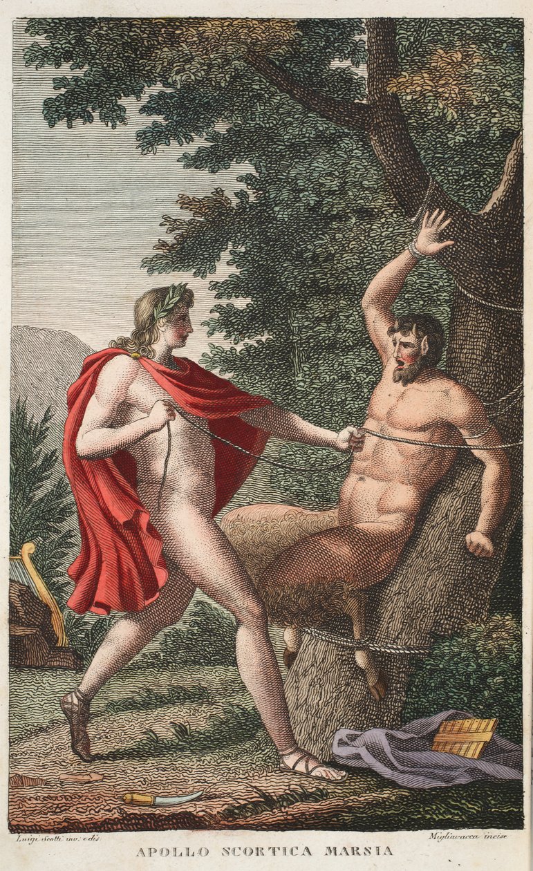 Marsyas bliver flået af Apollon eller Apollo Scortica Marsia, Bog VI, illustration fra Ovids Metamorfoser, Firenze, 1832 (håndkoloreret gravering) af Luigi Ademollo