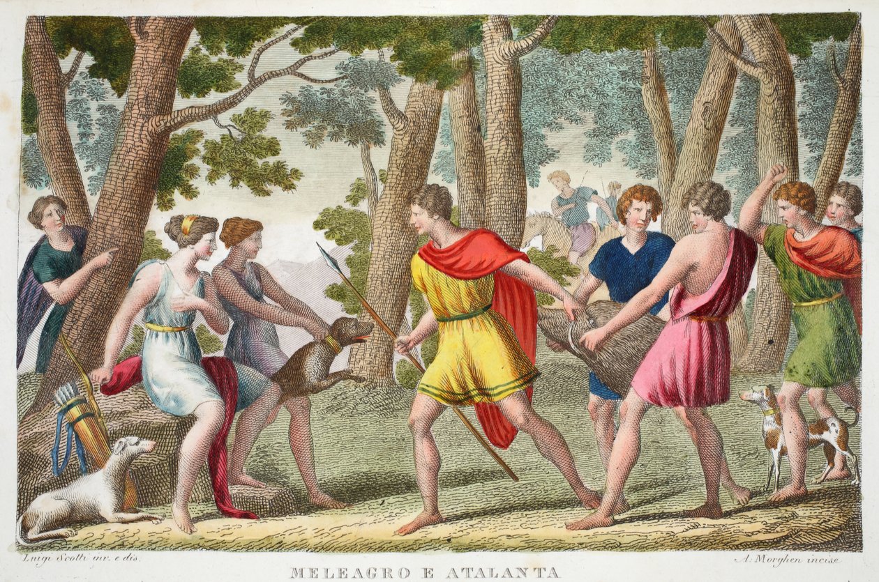 Meleager og Atlanta eller Meleagro e Atalanta, Bog VIII, illustration fra Ovids Metamorphoses, Firenze, 1832 (håndkoloreret gravering) af Luigi Ademollo