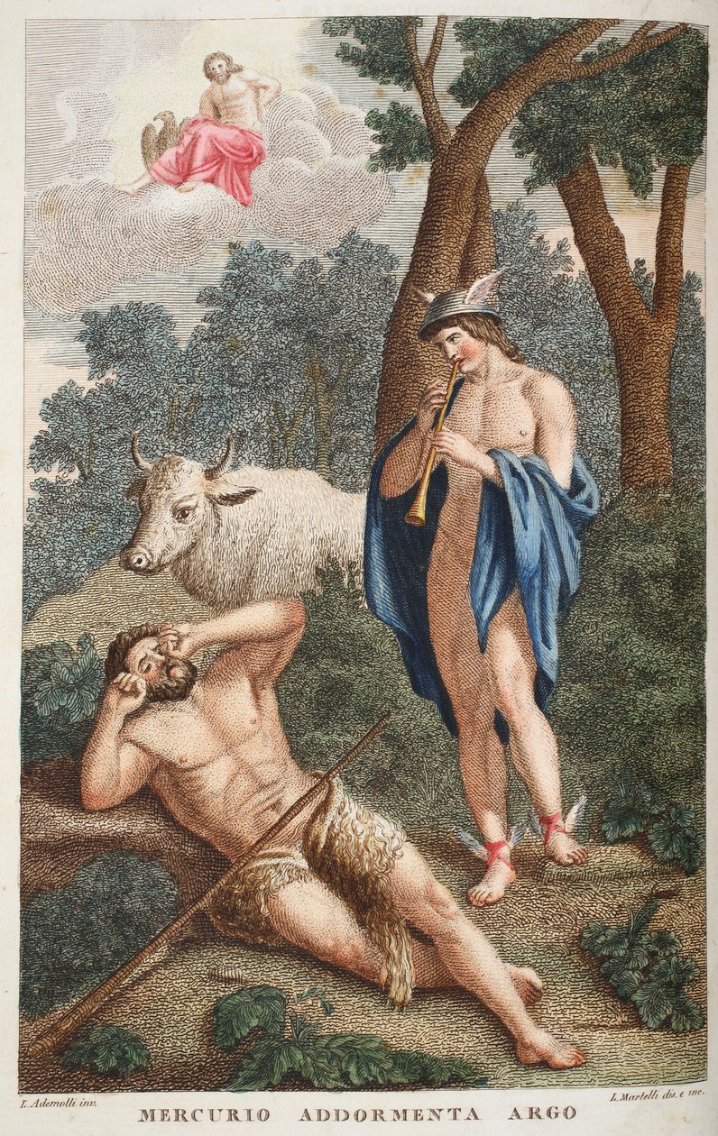 Mercury sætter Argus i søvn eller Mercurio Addormenta Argo, illustration fra Ovids Metamorphoses, Firenze, 1832 (håndfarvet gravering) af Luigi Ademollo