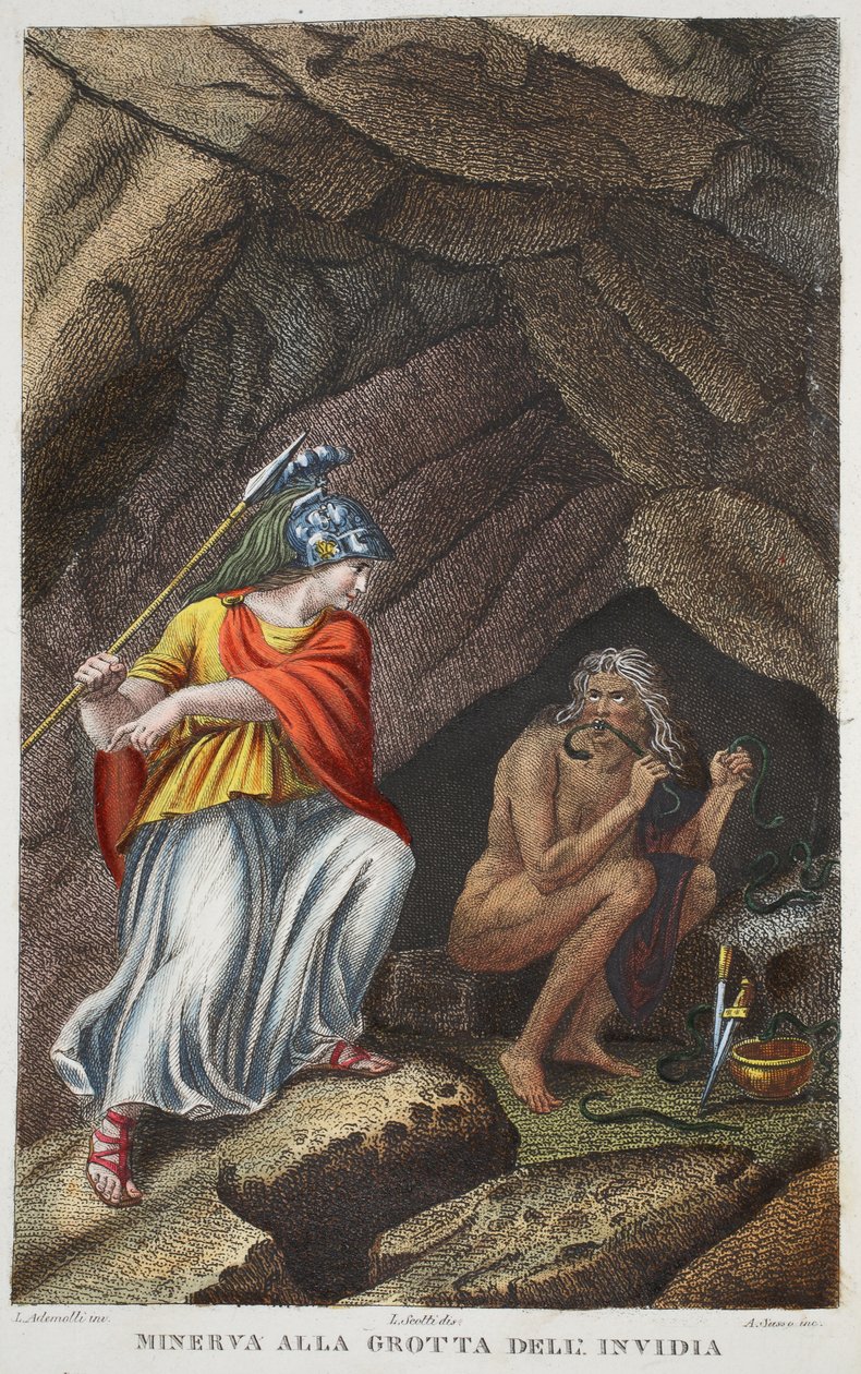 Minerva besøger Envy eller Minerva all Grotta deli Invidia, illustration fra Ovids Metamorphoses, Firenze, 1832 (håndkoloreret gravering) af Luigi Ademollo